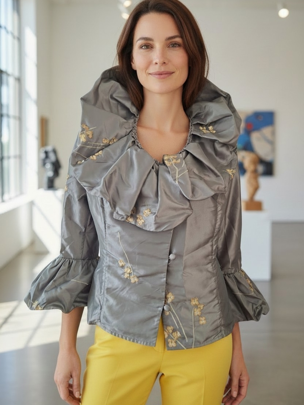 Y2K Samuel Dong Gray Taffeta Embroidered Wired Ruffle Collar Jacket Blouse